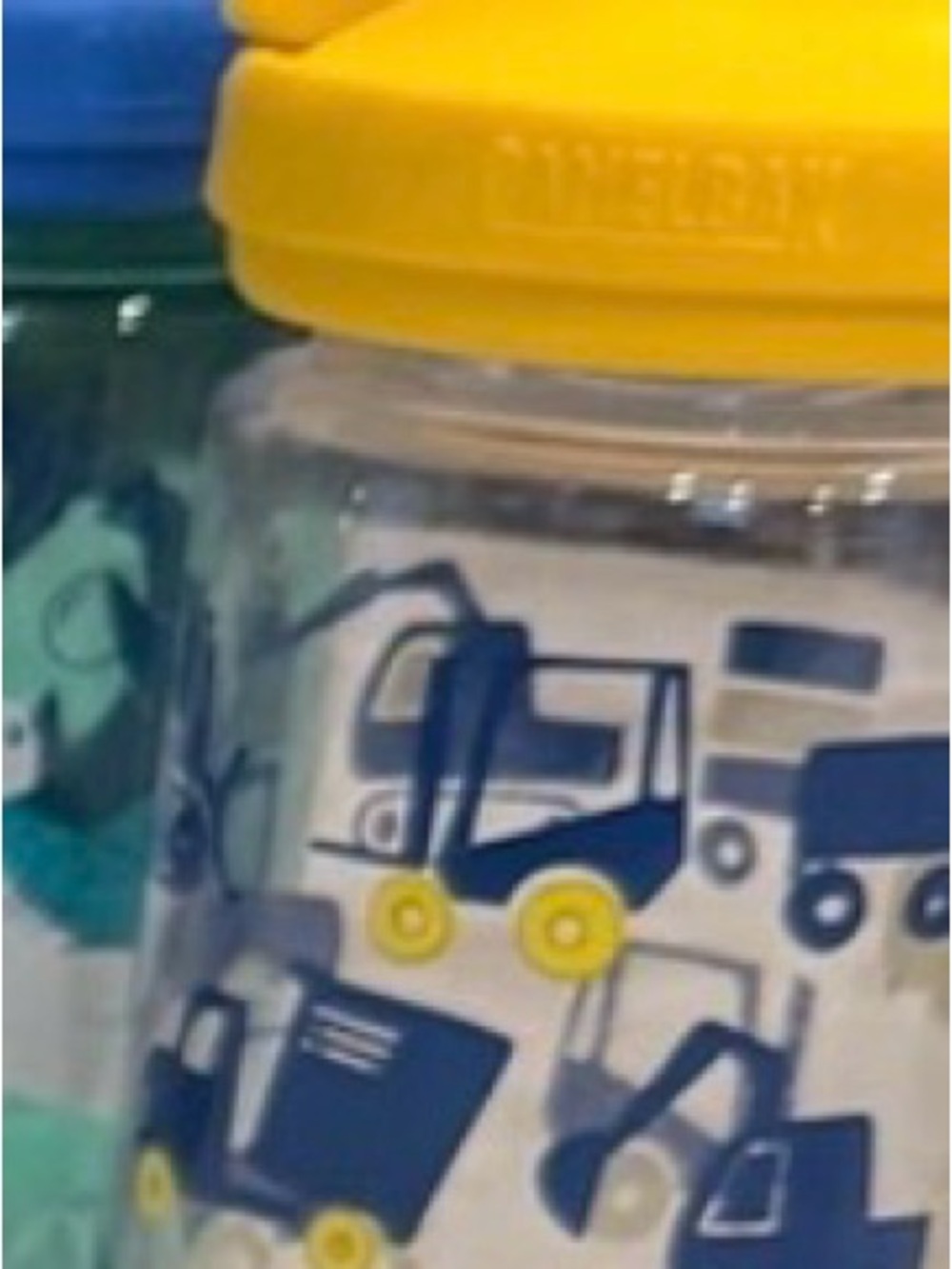 Clear Kids Bottle with Yellow Lid and Construction Truck Print
